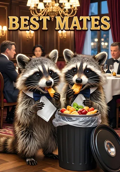 Best Mates Two Raccoons Beside An Overturned Rubbish Bin Eating Snacks As Though Dining In A Luxury Restaurant