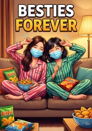Besties Forever Two Female Friends Wearing Pajamas And Face Masks Sitting On A Sofa Surrounded By Snacks And Laughing Uncontrollably