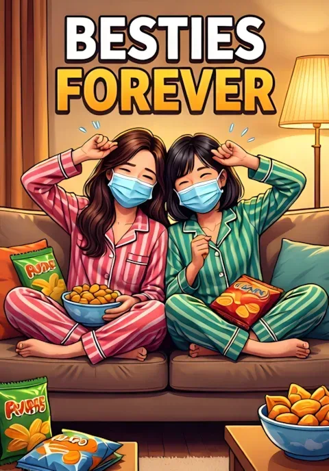 Besties Forever Two Female Friends Wearing Pajamas And Face Masks Sitting On A Sofa Surrounded By Snacks And Laughing Uncontrollably