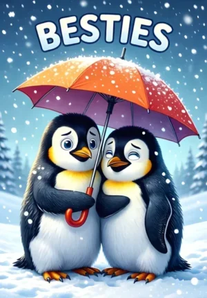 Besties Two Penguins Trying To Share One Tiny Umbrella In The Snow Squeezed Together With Confused Expressions