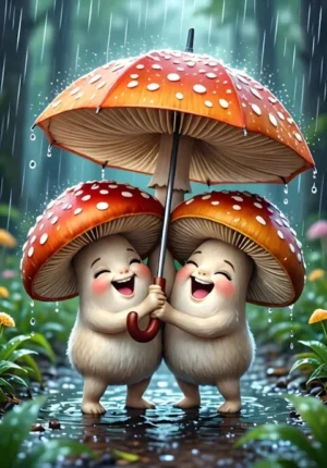 Better Together Two Mushrooms Squeezed Together Beneath One Tiny Umbrella In The Rain