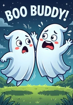 Boo Buddy Cute Cartoon Illustration Of Two Friendly Ghosts Trying To Scare Each Other And Both Jumping In Fright At Exactly The Same Moment