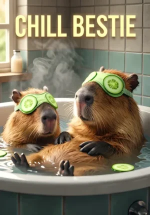 Chill Bestie Two Capybaras Relaxing Together In A Tiny Hot Tub Wearing Cucumber Eye Masks Completely Calm And Content