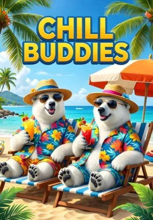 Chill Buddies Two Polar Bears Enjoying A Tropical Beach Holiday Hawaiian Shirts Sunglasses And Fruity Drinks