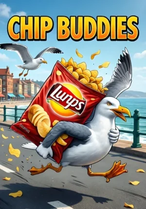 Chip Buddies Two Seagulls Running Away Together Carrying An Enormous Stolen Bag Of Chips