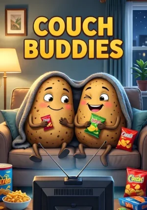 Couch Buddies Two Happy Potatoes Sitting Together On A Sofa Under A Blanket Watching Television Snacks Everywhere Wonderfully Lazy Expressions