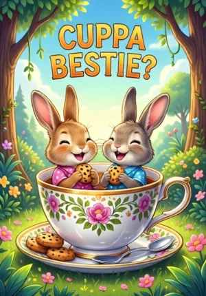 Cuppa Bestie Two Rabbits Sitting Together Inside An Enormous Teacup Holding Tiny Biscuits And Laughing