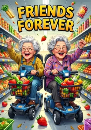 Friends Forever Two Elderly Ladies Racing Mobility Scooters Through A Supermarket Aisle