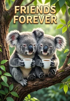 Friends Forever Two Sleepy Koalas Leaning Against Each Other On A Tree Branch While Holding Coffee Mugs