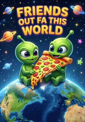 Friends Outta This World Two Cute Aliens Sitting On The Moon Sharing A Giant Pizza While Looking At Earth