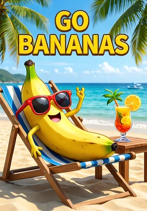 Go Bananas Two Bananas Wearing Sunglasses Relaxing On Beach Chairs With Tropical Drinks