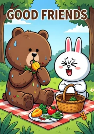 Good Friends A Bear And Rabbit Having A Picnic Bear Has Accidentally Eaten Almost Everything While Rabbit Stares At The Empty Basket In Disbelief