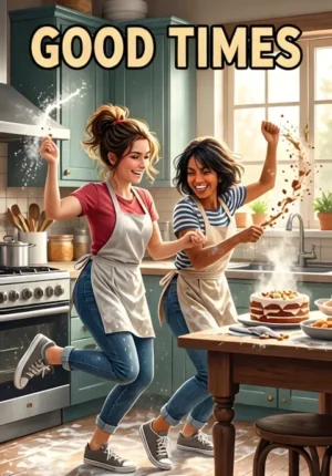 Good Times Two Female Friends Dancing Wildly While Baking In A Kitchen Flour Covering Everything And Cake Mixture Flying Through The Air