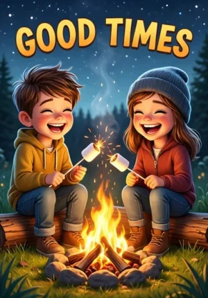 Good Times Two Friends Sitting Around A Campfire Their Marshmallows Accidentally On Fire While Both Laugh Uncontrollably