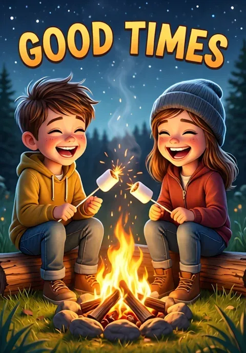 Good Times Two Friends Sitting Around A Campfire Their Marshmallows Accidentally On Fire While Both Laugh Uncontrollably