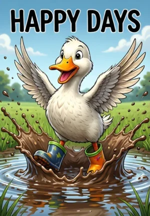 Happy Days Two Ducks Wearing Bright Rain Boots Jumping Together Into An Enormous Muddy Puddle