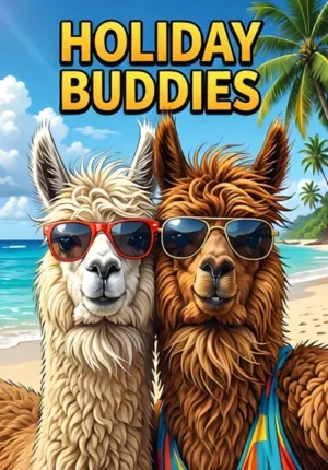 Holiday Buddies Two Alpacas Taking A Glamorous Vacation Selfie On A Tropical Beach Windswept Fur And Ridiculous Sunglasses