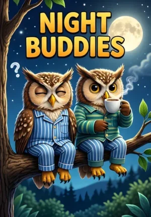 Night Buddies Two Owls Sitting Together On A Branch Late At Night Wearing Tiny Pajamas