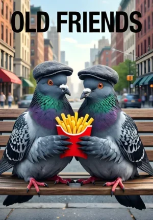 Old Friends Two Pigeons Sitting Together On A City Bench Sharing French Fries