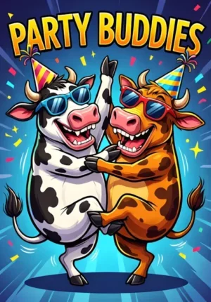 Party Buddies Two Cows Dancing Wildly Together Ridiculous Dance Moves Sunglasses And Party Hats