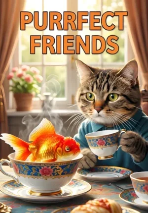 Purrfect Friends A Cat And Goldfish Having Afternoon Tea Together Goldfish Sitting In An Elegant Bowl At The Table While Cat Politely Serves Water