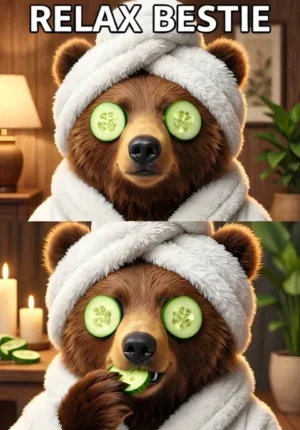 Relax Bestie Two Bears Wearing Fluffy Bathrobes At A Spa Cucumber Slices Over Their Eyes