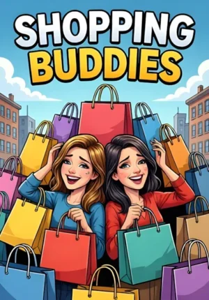 Shopping Buddies Colorful Cartoon Illustration Of Two Female Friends Almost Buried Beneath An Enormous Mountain Of Shopping Bags Exhausted But Delighted
