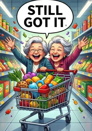 Still Got It Two Elderly Female Friends Riding Together Inside A Supermarket Trolley Laughing Wildly While Groceries Bounce Behind Them