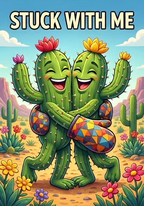 Stuck With Me Two Happy Cacti Attempting To Hug While Wearing Enormous Protective Oven Mitts
