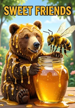 Sweet Friends A Bear And Bee Sharing A Giant Jar Of Honey Bear Completely Covered In Sticky Honey While Bee Remains Perfectly Clean