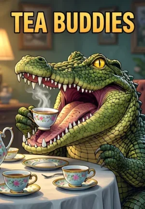 Tea Buddies Two Crocodiles Attempting Delicate Afternoon Tea Enormous Mouths Holding Ridiculously Tiny Teacups