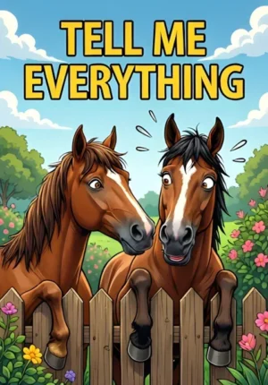 Tell Me Everything Two Horses Leaning Over A Garden Fence Gossiping Dramatically