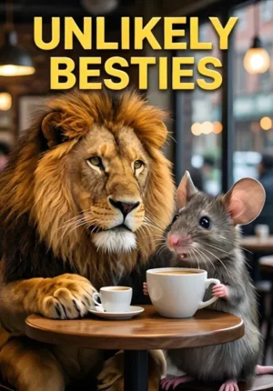 Unlikely Besties A Huge Lion And Tiny Mouse Sitting Together At A Caf Lion Holding An Absurdly Tiny Espresso While Mouse Has An Enormous Mug