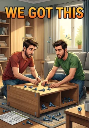 We Got This Two Male Friends Attempting To Assemble Flatpack Furniture Surrounded By Leftover Screws And Confusing Instructions
