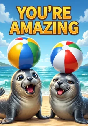 Youre Amazing Two Happy Seals Balancing Colorful Beach Balls On Their Noses