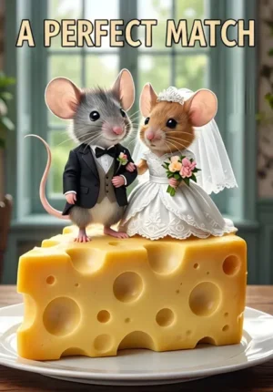 A Perfect Match Two Mice Dressed As Newlyweds Standing On Top Of An Enormous Cheeseshaped Wedding Cake