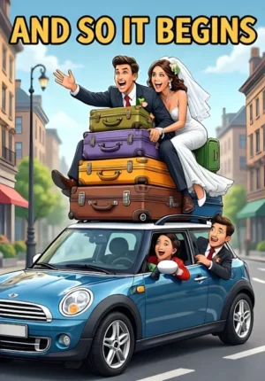 And So It Begins A Newlywed Couple Trying To Squeeze All Their Wedding Luggage Into A Tiny Getaway Car Suitcases Piled Impossibly High