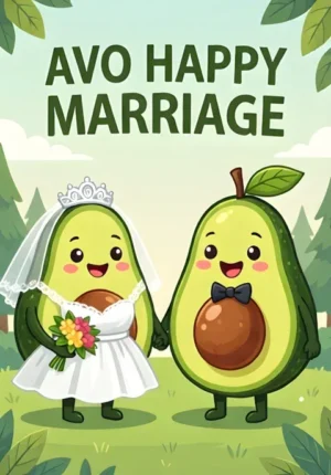 Avo Happy Marriage Two Avocados Dressed As Newlyweds One With A Tiny Veil And One With A Bow Tie Holding Hands Happily