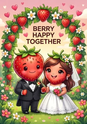 Berry Happy Together Two Strawberries Dressed As Newlyweds Beneath A Floral Arch