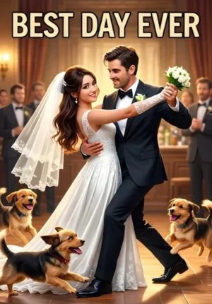 Best Day Ever A Bride And Groom Attempting To Dance Elegantly While Their Pet Dog Runs Around Them Tangled In The Veil