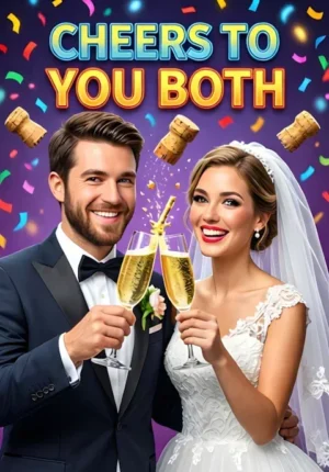 Cheers To You Both Two Newlyweds Clinking Champagne Glasses While A Cork Flies Dramatically Through The Air