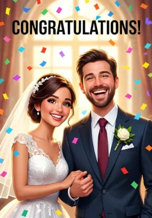 Congratulations A Smiling Newlywed Couple Beneath A Shower Of Colorful Confetti Holding Hands And Laughing