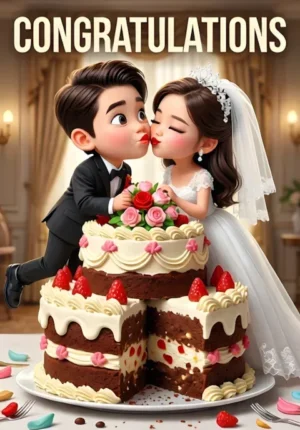 Congratulations A Wedding Cake With Two Funny Cartoon Newlywed Figures On Top Leaning In For A Kiss While The Cake Tilts Dangerously