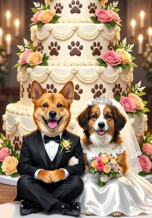 Congratulations Two Dogs Dressed As Newlyweds Sitting Proudly Beside A Huge Tiered Cake Decorated With Paw Prints And Flowers