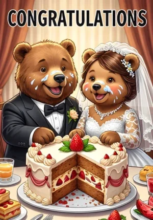Congratulations Two Happy Bears Dressed For Their Wedding Sharing An Enormous Slice Of Wedding Cake And Getting Icing On Their Noses