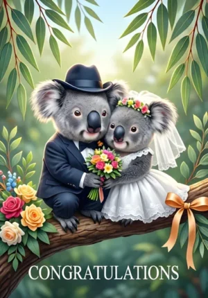 Congratulations Two Koalas Dressed As Newlyweds Cuddling On A Eucalyptus Branch Decorated With Flowers And Ribbons