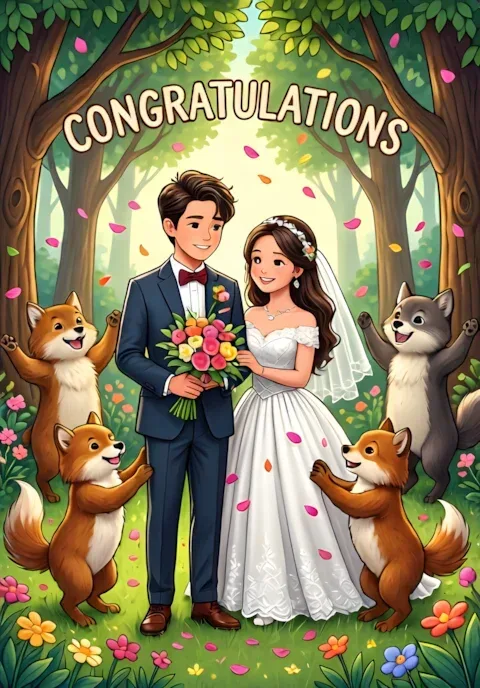 Congratulations Two Newlyweds Surrounded By Dancing Woodland Animals Throwing Flower Petals