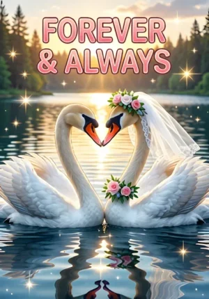 Forever And Always Two Swans Wearing Tiny Wedding Accessories Their Curved Necks Forming A Heart On A Sparkling Lake