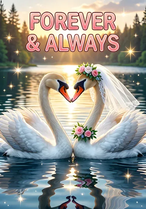 Forever And Always Two Swans Wearing Tiny Wedding Accessories Their Curved Necks Forming A Heart On A Sparkling Lake