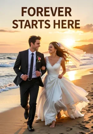 Forever Starts Here A Joyful Newlywed Couple Running Barefoot Along A Beach With Wedding Clothes Fluttering In The Breeze